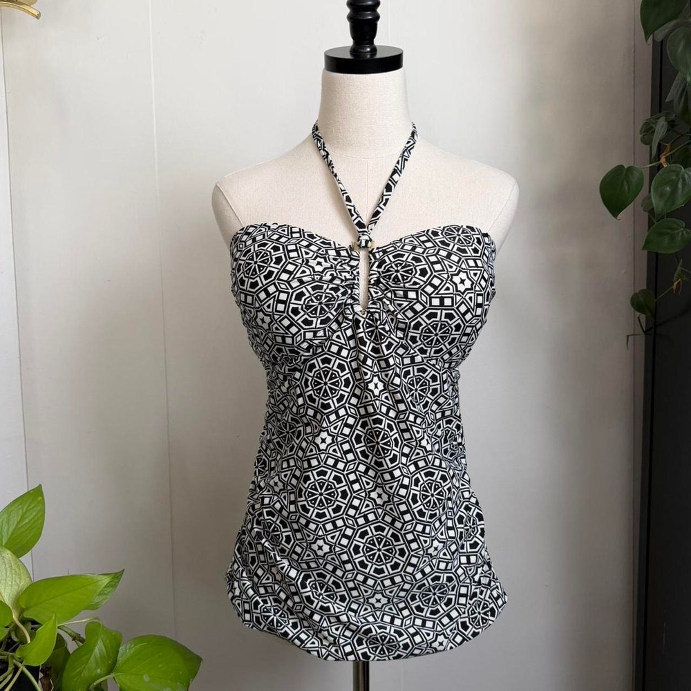 Merona Womens Large Black White Geometric Halter Tankini Swim Top Ruching